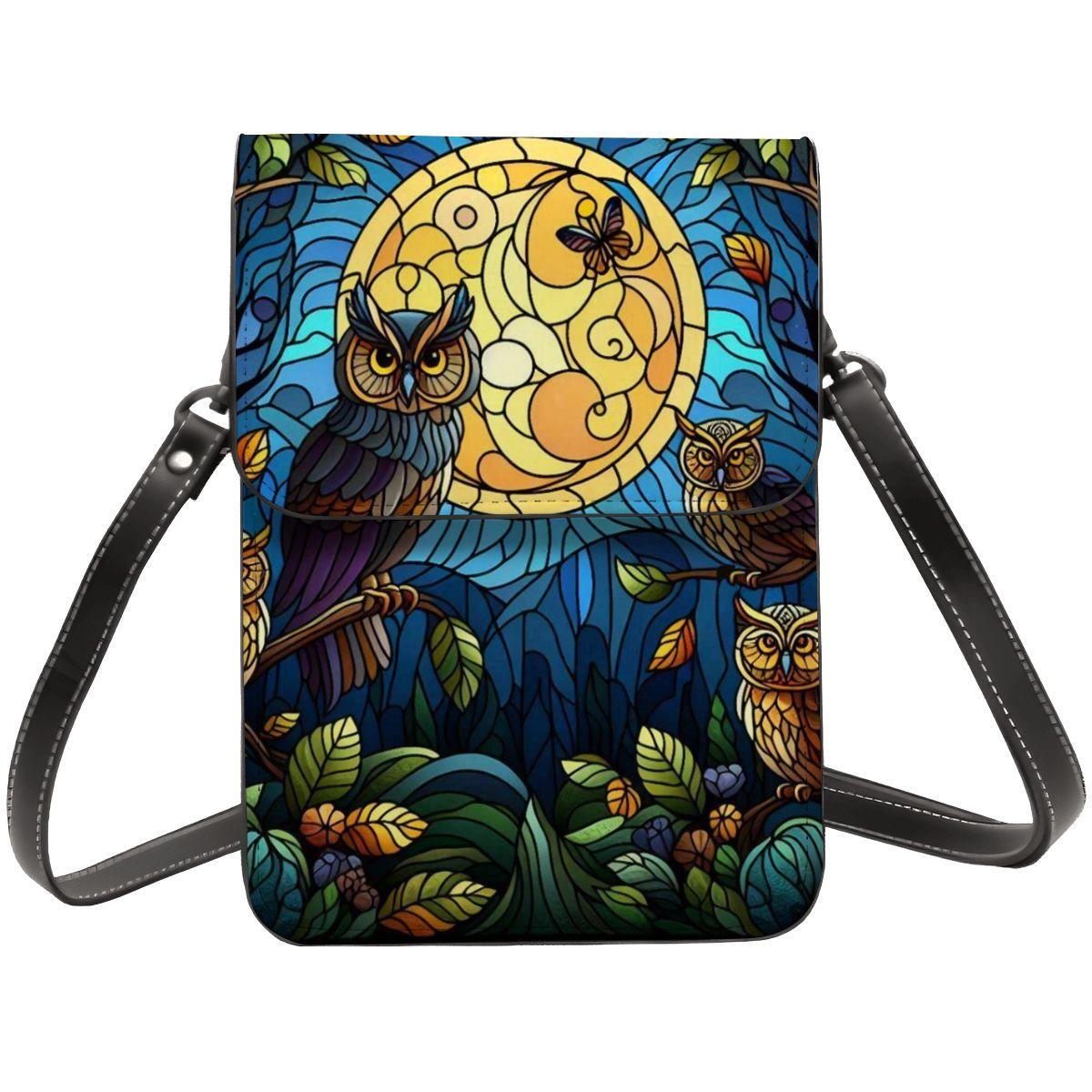 Dark Woodland Owls Stained Glass Leather Crossbody Purse