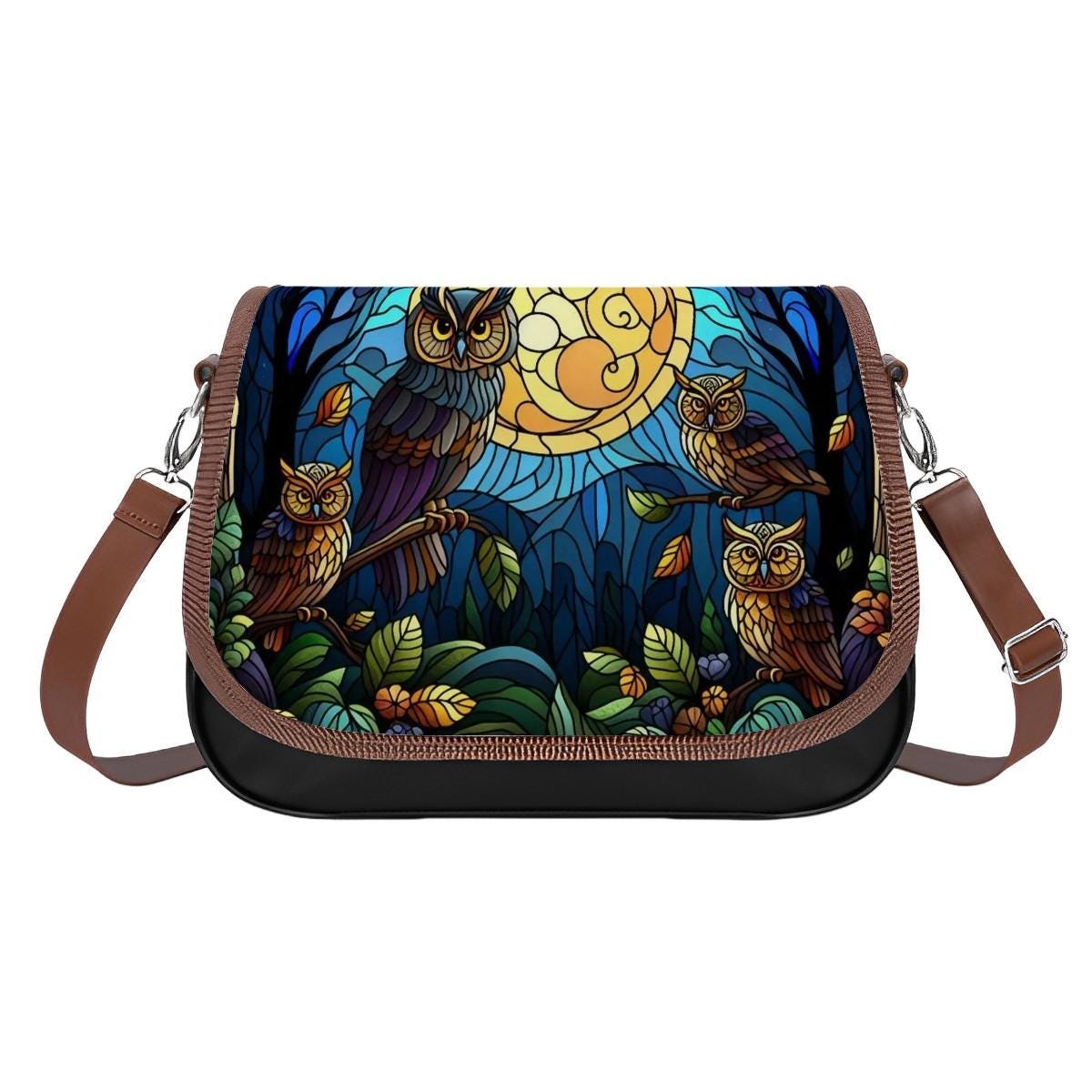 Dark Woodland Owls Stained Glass Leather Shoulder Bag