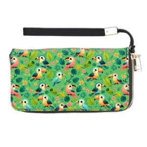 Cartera de mano con diseño de pájaros tropicales y correa para la muñeca