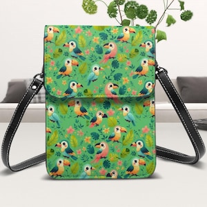 Bolso bandolera de piel con diseño de pájaros tropicales