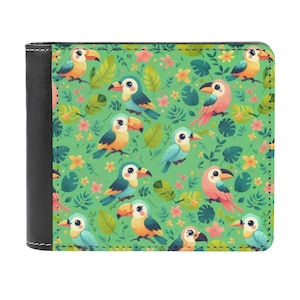 Cartera plegable de cuero con diseño de aves tropicales