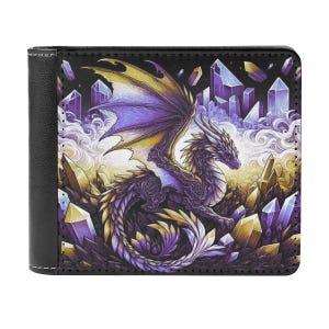 May include: Black bi-fold wallet featuring a fantasy dragon illustration. The dragon has purple and gold wings, and is surrounded by crystals. The background is a dark night sky with swirling clouds. The wallet is made of black leather.
