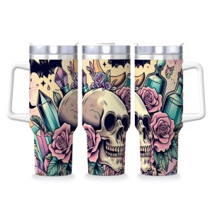 Tattoo Style Gothic Travel Coffee Mug with Handle and Straw (40oz)