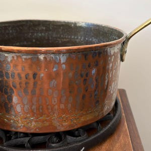 Vintage Hammered Copper Saucepan, Brass Handle, Tin Lined, Farmhouse Kitchen Decor