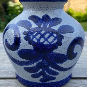 Vintage German Salt-Glazed Stoneware Vase – Cobalt Blue Floral, Westerwald Pottery, 1970s
