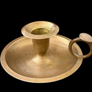 Vintage Brass Chamberstick Candle Holder, Finger Loop Candlestick, Aged Patina Decor