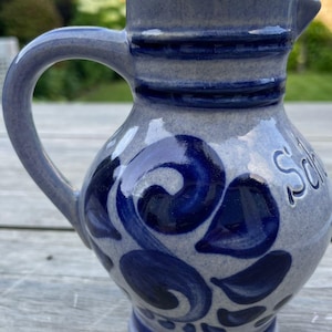 Vintage German 1/4 Liter Jug – Salt-Glazed “Steinheimer Krügle” with Cobalt Blue Floral Design
