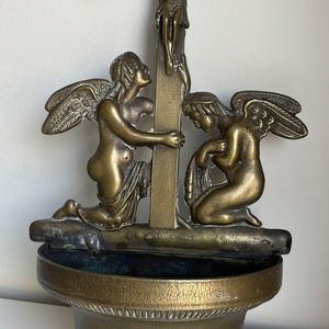 Vintage French Brass Holy Water Font – Wall-Mounted with Angels & Crucifix – Unpolished Patina