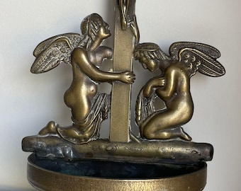 Vintage French Brass Holy Water Font – Wall-Mounted with Angels & Crucifix – Unpolished Patina