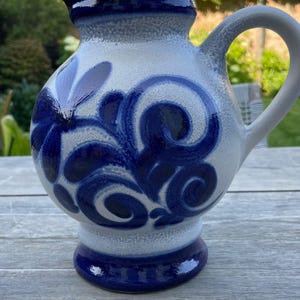 Vintage German Salt-Glazed Jug – Cobalt Blue Swirl Pottery, 1970s Westerwald Pitcher