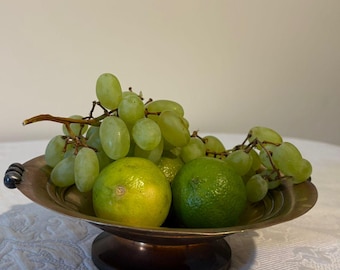 Vintage Brass Pedestal Bowl with Decorative Handles - Footed Dish - Antique Fruit or Display Bowl