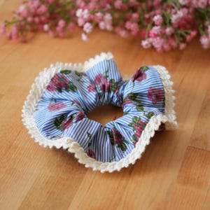 Romantic Vintage Scrunchie – Blue Striped Cotton with Red Rose Print and White Lace Trim – Upcycled Hair Tie, Handmade Gift for Her