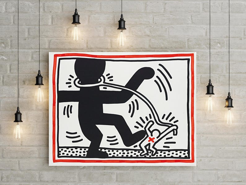 May include: A framed art print featuring a black and white graphic illustration with a red border. The artwork depicts a large figure with a rope around its neck, stepping on a smaller figure. Decorative light fixtures hang above.