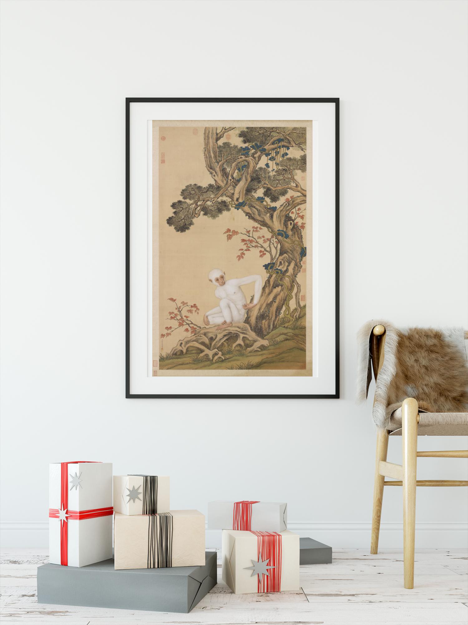 Vintage Oriental White Monkey Poster | Classic Chinese Forest