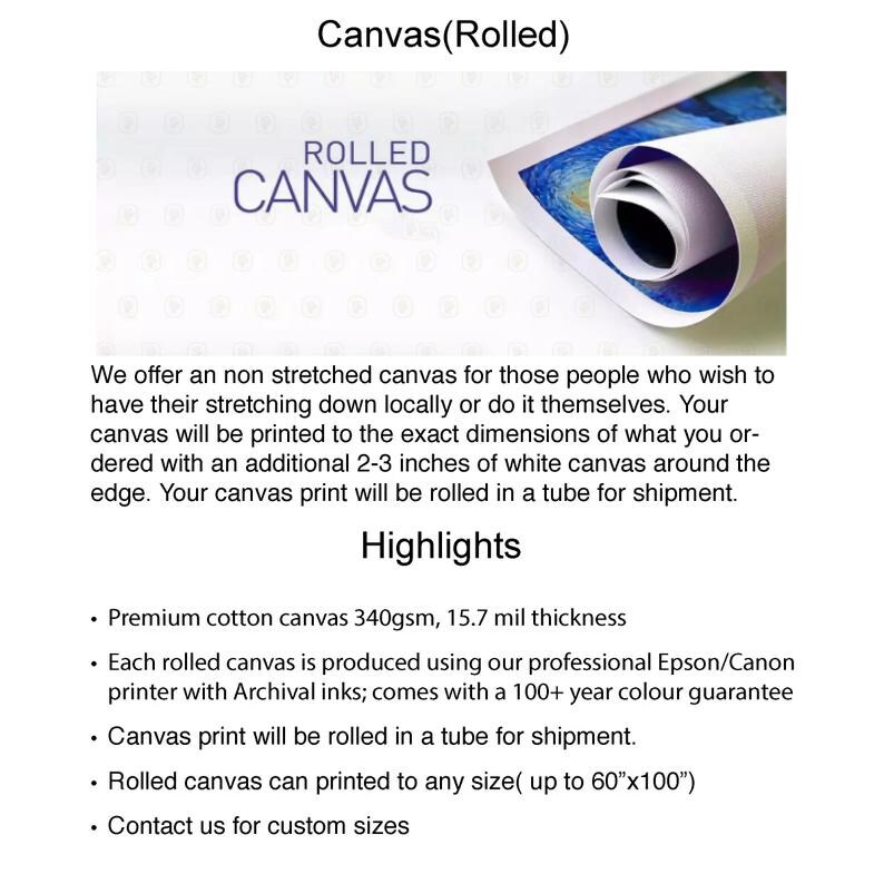 K&ouml;nnte beinhalten: Gerollte Leinwand zum Malen, mit dem Text "ROLLED CANVAS" obenauf gedruckt. Die Leinwand ist 340 g/m&sup2; schwer und 15,7 mil dick. Sie ist mit Archivtinten bedruckt und hat eine 100+ Jahre Farbbrillanzgarantie. Die Leinwand wird in einer Rolle f&uuml;r den Versand geliefert.