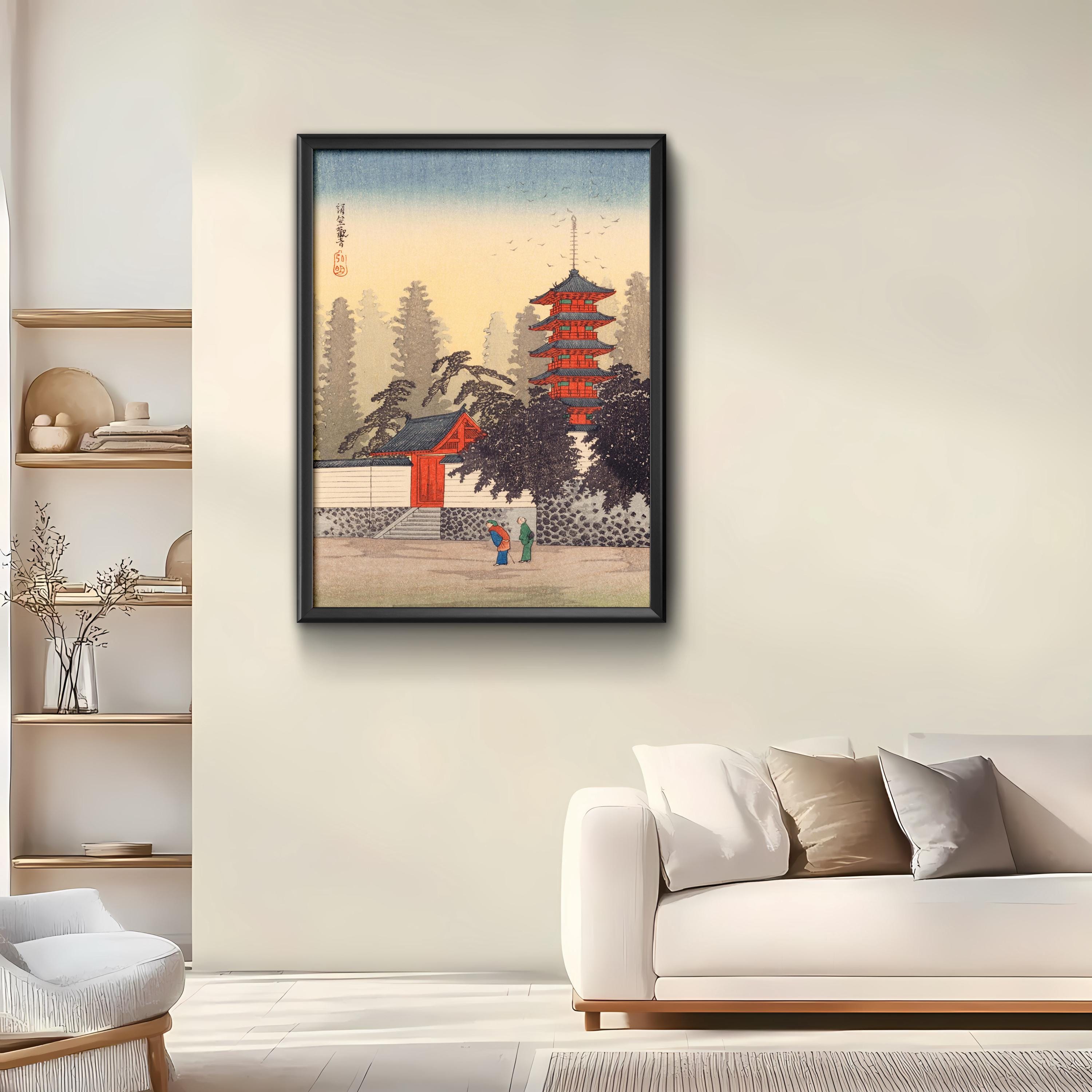 木版画 寺院風景 額装 ヴィンテージの日本の仏塔の木版画、寺院の風景画、リビングルームの