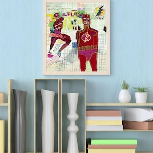 K&ouml;nnte beinhalten: Ein gerahmtes Gem&auml;lde eines Superhelden in einem roten und gelben Kost&uuml;m, mit dem Text "ILFLASH BY TIN" sichtbar. Das Gem&auml;lde ist auf einem wei&szlig;en Hintergrund mit einem Gittermuster.