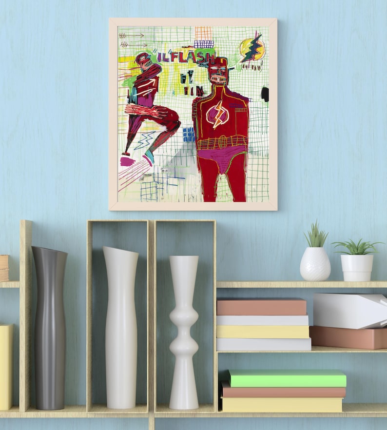 K&ouml;nnte beinhalten: Ein gerahmtes Gem&auml;lde eines Superhelden in einem roten und gelben Kost&uuml;m, mit dem Text "ILFLASH BY TIN" sichtbar. Das Gem&auml;lde ist auf einem wei&szlig;en Hintergrund mit einem Gittermuster.