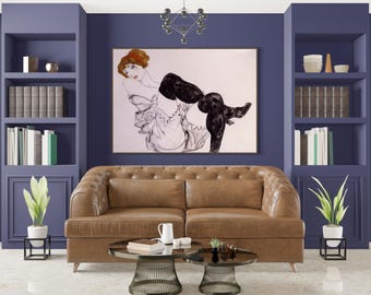 Egon Schiele Woman in Black Stockings Giclée Print, Vintage Expressionism Art，Dorm        Studio Decor