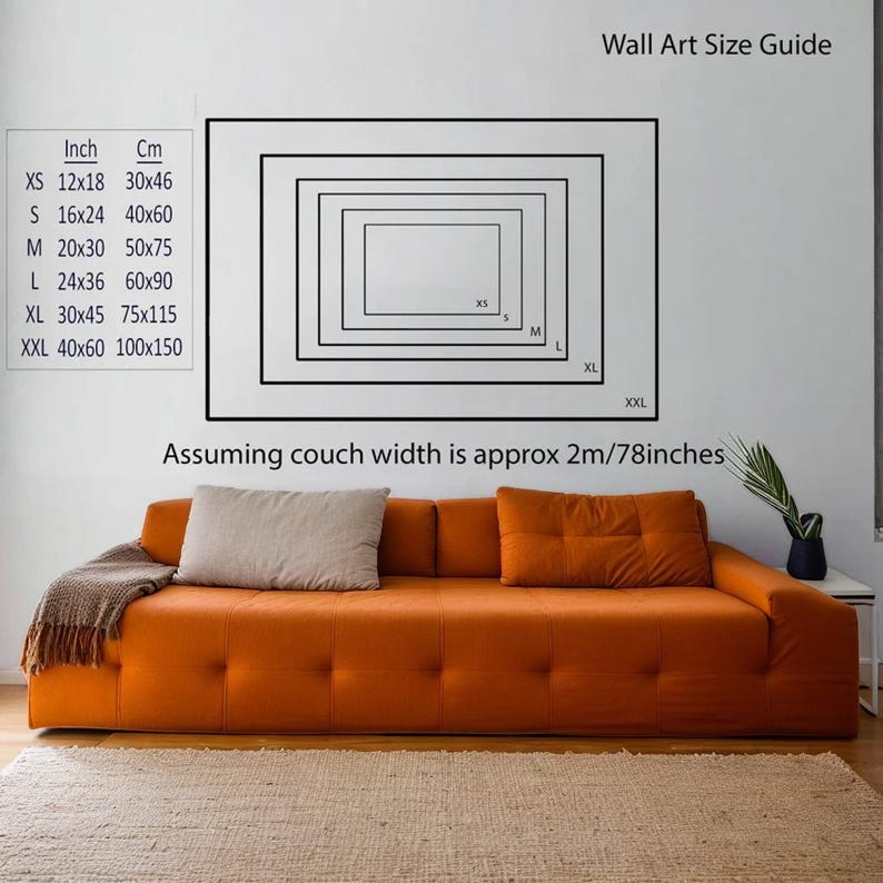 K&ouml;nnte beinhalten: Ein Leitfaden zur Auswahl der richtigen Gr&ouml;&szlig;e f&uuml;r Wandkunst in Ihrem Wohnzimmer, basierend auf der Breite Ihres Sofas. Der Leitfaden zeigt verschiedene Gr&ouml;&szlig;en von Wandkunst in Zoll und Zentimetern, mit Beschriftungen f&uuml;r XS, S, M, L, XL und XXL. Der Text "Assuming couch width is approx 2m/78inches" ist ebenfalls enthalten.