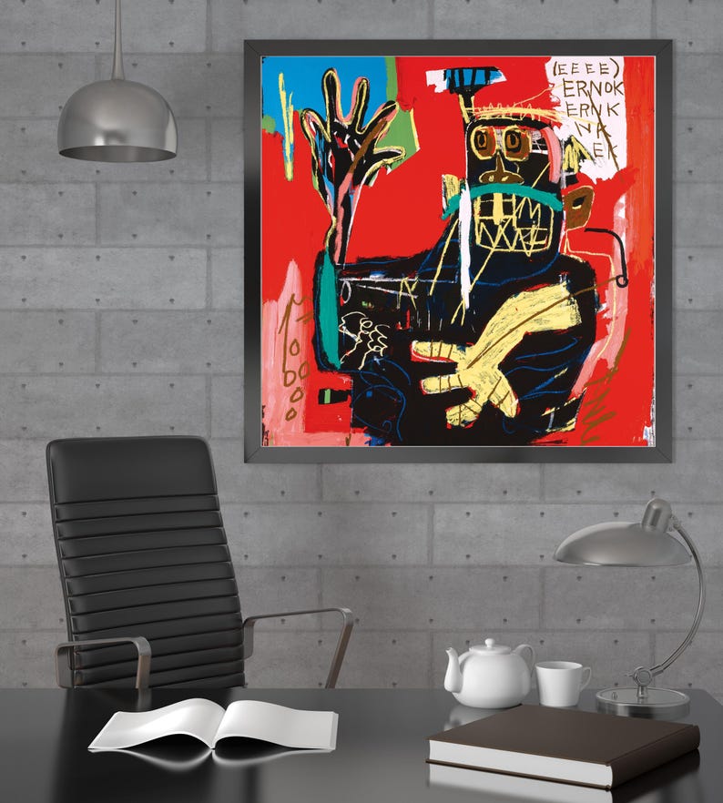 K&ouml;nnte beinhalten: Ein gerahmtes abstraktes Gem&auml;lde mit rotem Hintergrund und einer schwarzen Figur mit einer gelben Hand. Die Figur tr&auml;gt eine schwarze Maske und hat einen wei&szlig;en Strich &uuml;ber dem Gesicht. Das Gem&auml;lde hat schwarze, wei&szlig;e, gelbe, gr&uuml;ne und blaue Akzente. Der Text "(EEEE) ERNOK ERNK NA NE" steht in der oberen rechten Ecke des Gem&auml;ldes.