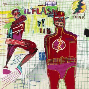 K&ouml;nnte beinhalten: Ein farbenfrohes abstraktes Gem&auml;lde von zwei Figuren in roten und violetten Kost&uuml;men. Die Figuren befinden sich auf einem wei&szlig;en Hintergrund mit einem Gittermuster. Der Text "IL'FLASH" ist in roten und schwarzen Buchstaben geschrieben. Das Gem&auml;lde stammt von Jean-Michel Basquiat.