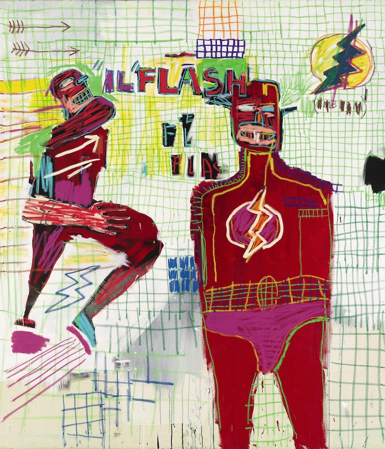 K&ouml;nnte beinhalten: Ein farbenfrohes abstraktes Gem&auml;lde von zwei Figuren in roten und violetten Kost&uuml;men. Die Figuren befinden sich auf einem wei&szlig;en Hintergrund mit einem Gittermuster. Der Text "IL'FLASH" ist in roten und schwarzen Buchstaben geschrieben. Das Gem&auml;lde stammt von Jean-Michel Basquiat.