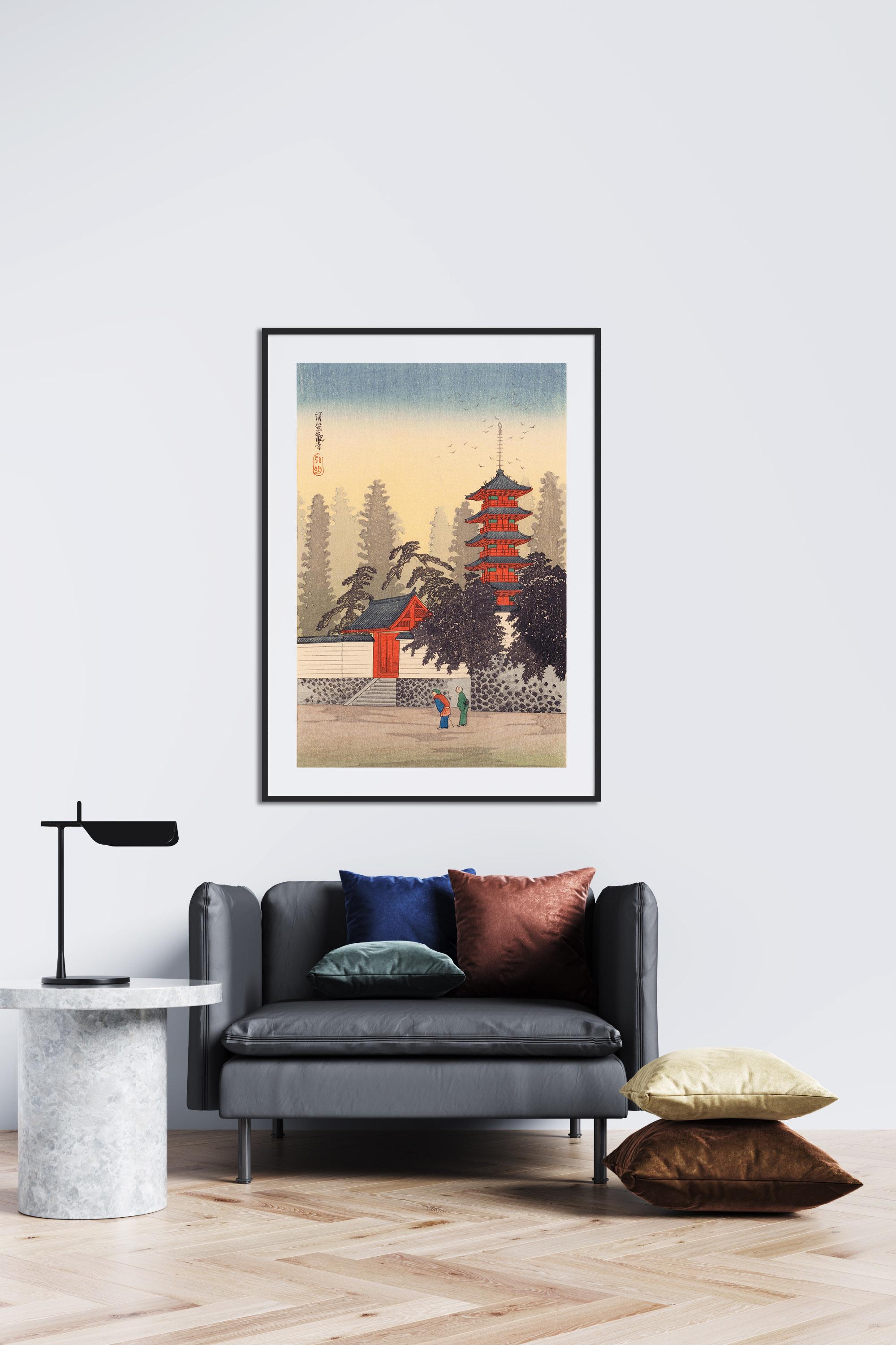 ヴィンテージの日本の仏塔の木版画、寺院の風景画、リビングルームの