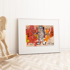 May include: Framed artwork with a colourful abstract design in red, orange, and yellow. The artwork features a central figure with a crown and sword, plus handwritten text. A wooden rocking horse is in the foreground.