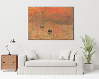 Puede incluir: Una pintura enmarcada de un paisaje marítimo con un sol rojo poniéndose sobre el agua. La pintura es de estilo minimalista con colores apagados y un enfoque en la luz.
