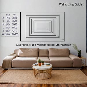 May include: Wall art size guide with measurements in inches and centimeters. Sizes range from XS (12x18 inches, 30x46 cm) to XXL (40x60 inches, 100x150 cm). The text "Assuming couch width is approx 2m/78inches" is also present.