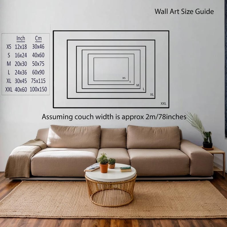 May include: Wall art size guide with measurements in inches and centimeters. Sizes range from XS (12x18 inches, 30x46 cm) to XXL (40x60 inches, 100x150 cm). The text "Assuming couch width is approx 2m/78inches" is also present.