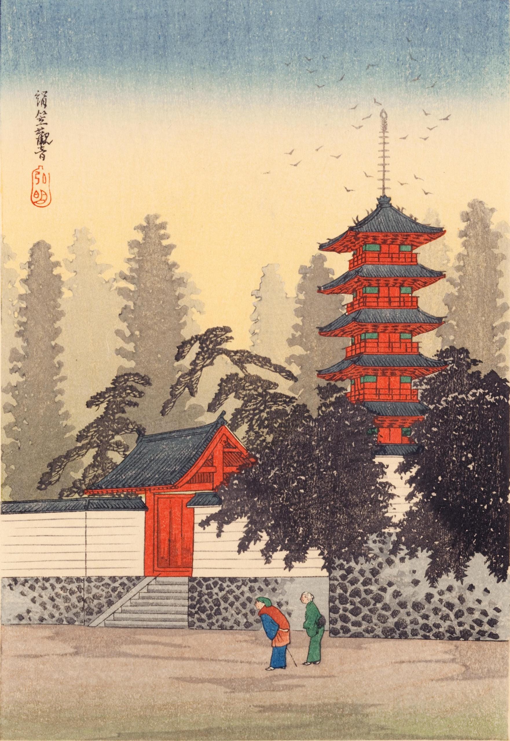 ヴィンテージの日本の仏塔の木版画、寺院の風景画、リビングルームの