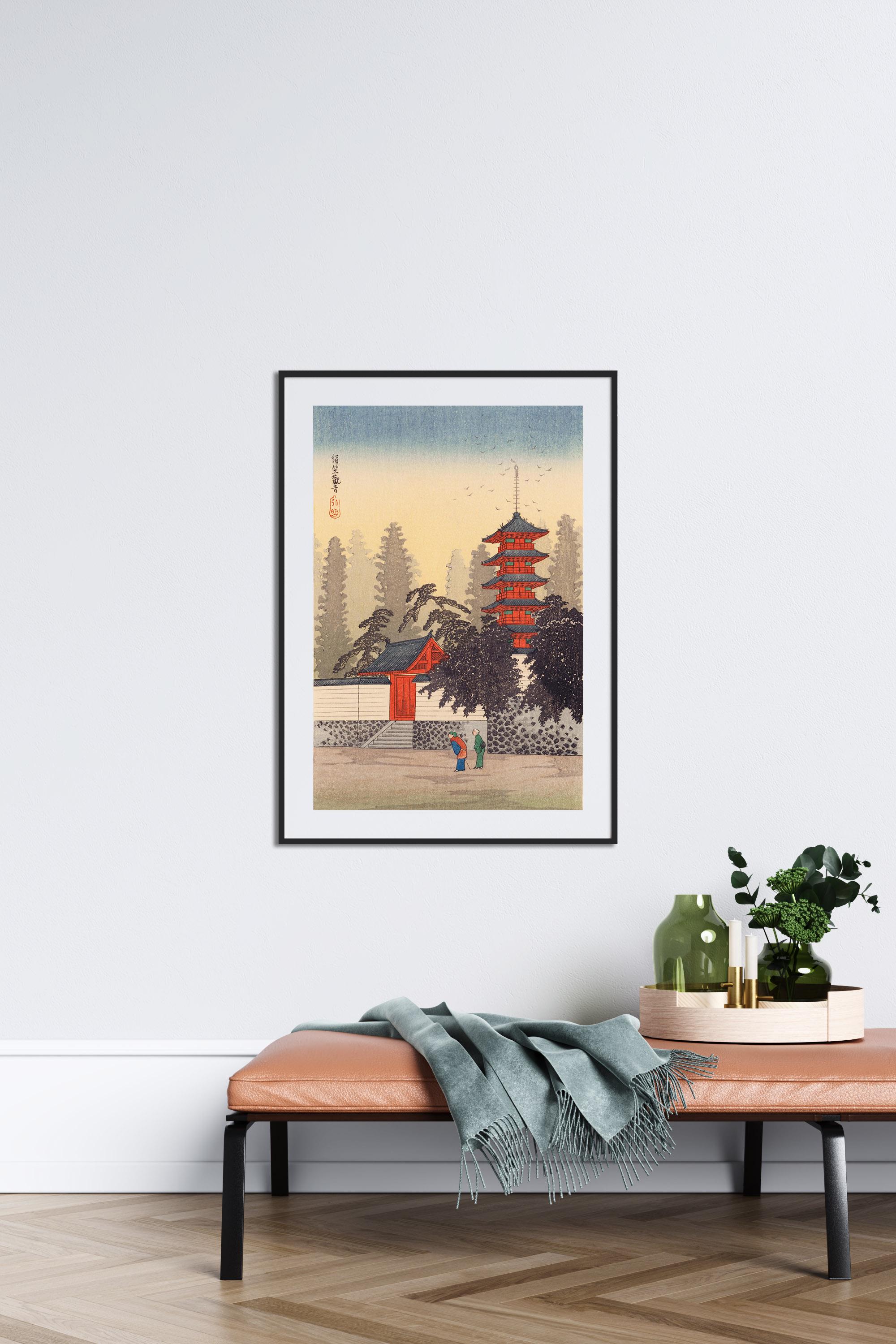 ヴィンテージの日本の仏塔の木版画、寺院の風景画、リビングルームの