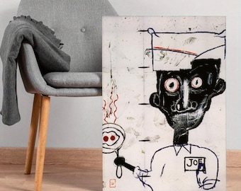 May include: Abstract art print featuring a black and white figure with red accents. The figure holds a frying pan with eggs. The word "JOE" is visible on the shirt. The artwork is displayed next to a gray chair.