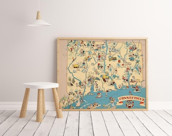Mapa ilustrado de Connecticut, lámina artística, impresión giclée vintage, mapa de estilo antiguo, mapa de la ciudad natal.