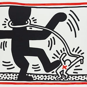 May include: Black and white graphic art print with a red border. The artwork depicts a large black figure with a noose around its neck, stepping on a smaller figure marked with a red X. The background is white.