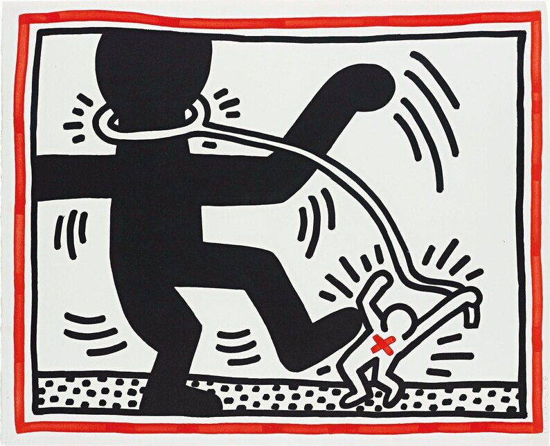 May include: Black and white graphic art print with a red border. The artwork depicts a large black figure with a noose around its neck, stepping on a smaller figure marked with a red X. The background is white.
