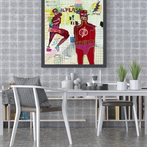 K&ouml;nnte beinhalten: Ein gerahmtes Gem&auml;lde eines Superhelden in Rot und Gelb mit dem Text "GILFLASH BY TIN" auf wei&szlig;em Hintergrund.