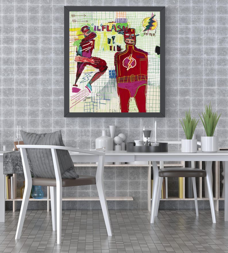 K&ouml;nnte beinhalten: Ein gerahmtes Gem&auml;lde eines Superhelden in Rot und Gelb mit dem Text "GILFLASH BY TIN" auf wei&szlig;em Hintergrund.