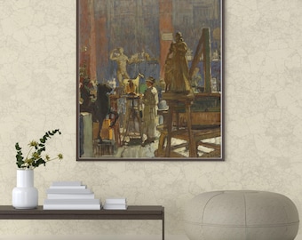 May include: A painting depicting a scene inside an art studio. The painting features several figures, including a nude male statue, a female figure in a long dress, and several people standing around. The studio is filled with various objects, including easels, sculptures, and other art supplies.
