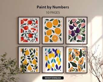 Malen nach Zahlen Moderne Kunst Obst Kunst 10er Set, Malen nach Zahlen, Malseiten für Erwachsene, Printable Home Decor