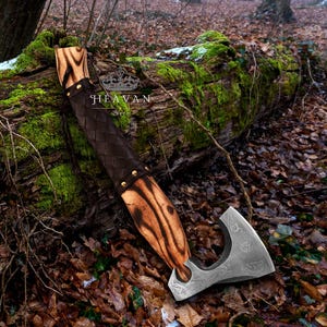Custom Viking Axe – Handmade Carbon Steel Hatchet with Ash Wood Handle and Leather Wrap, Norse Engraved Axe, Gift for Him, Anniversary Axe