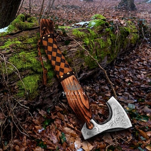 Custom Viking Axe | Hand Forged Carbon Steel Axe with Ash Wood Handle&Leather Sheath |Gift for Him, Wedding, Birthday, Anniversary, LARP Axe