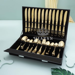 Goldbesteck Set 92 Teilig für 12 Personen in Geschenkbox Edelstahl Luxus Goldbesteck Einweihungsparty, Hochzeit, Weihnachten, Vatertag