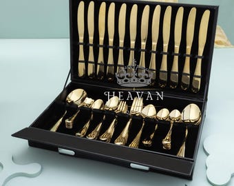 Gold Plated Cutlery Set (92-Piece): Stainless Steel Flatware in Gift Box