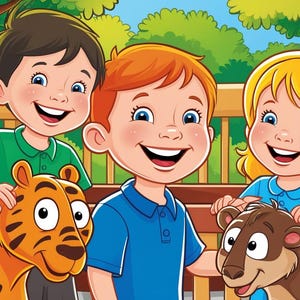 Imparando allo zoo esplorando la fauna selvatica, avventura illustrata, editabile con canva, personalizzabile, morale, bimbi