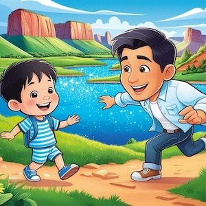 Viagem pelas rochas PAI e FILHO, aventura ilustrada, fábula, moral, pais, pai e filho, editável com canva, personalizável