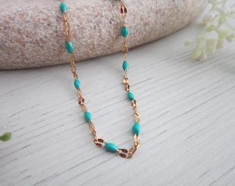 Türkis schlichte Goldkette, zierliche Choker, minimalistische Kette Boho Schmuck