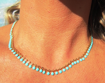 Türkis schlichte Goldkette, zierliche Choker, minimalistische Kette Boho Schmuck